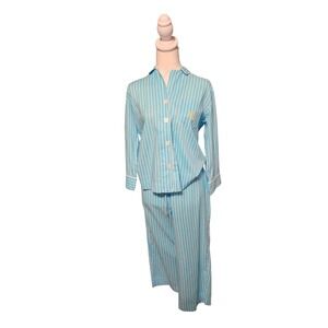 Lauren Ralph Lauren Blue White Striped Pajama Set Button Up Sleepwear Size Small